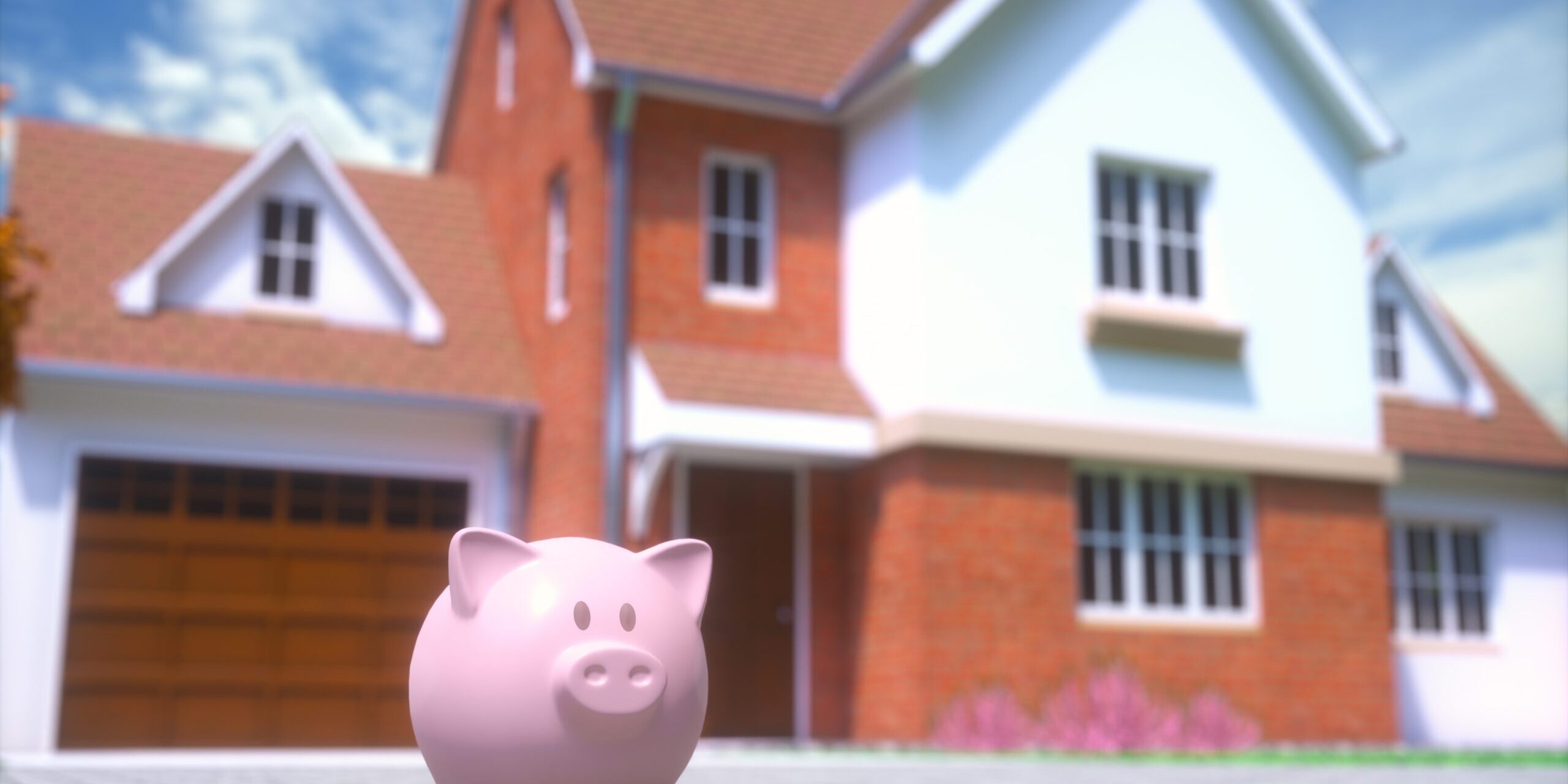 Pink piggy bank in front of a two-story brick home, representing home equity savings