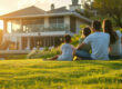 Family sitting on the lawn at sunset watching their new home