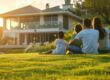Family relaxing on the lawn in front of their modern two-story home at sunset