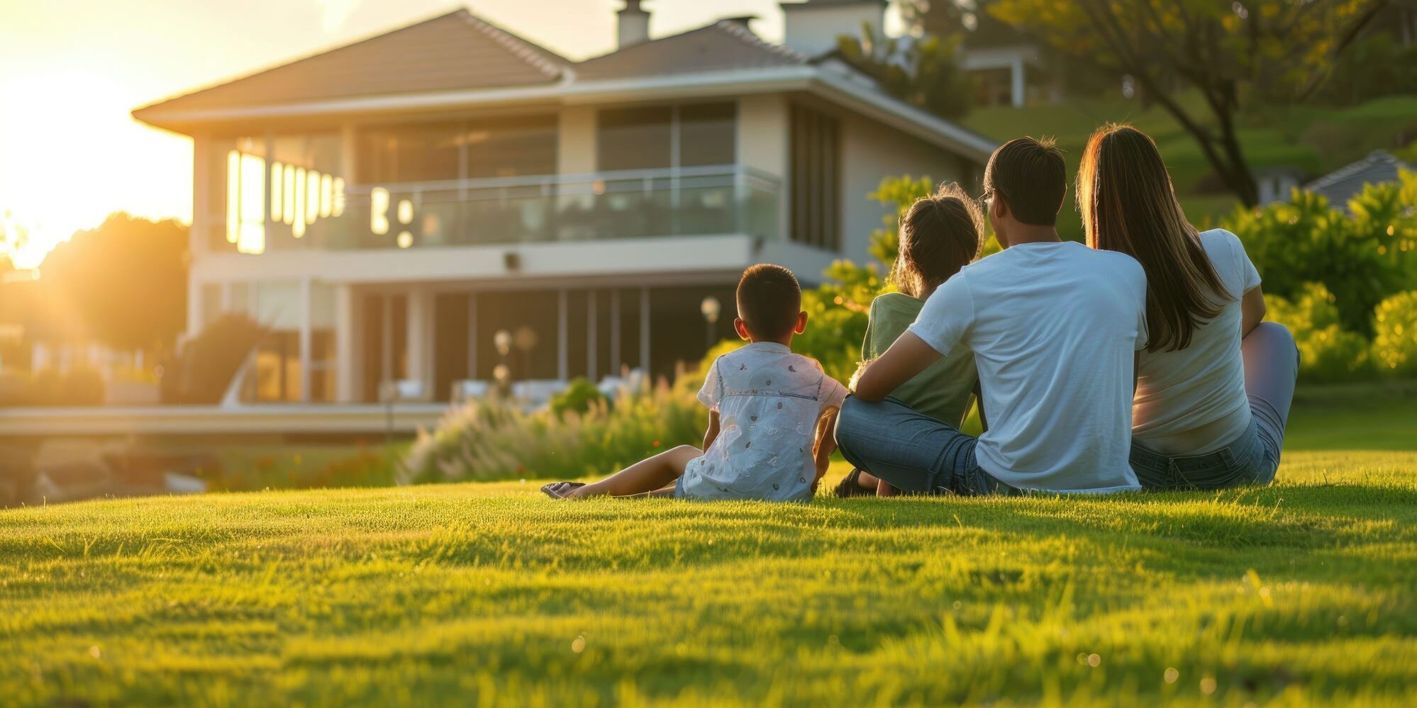Family in front of their modern home at sunset – OnPoint Mortgage Pro Family relaxing on the lawn in front of their modern two-story home at sunset