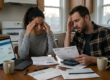 Homeowner couple looking stressed at their kitchen table reviewing a mortgage statement with online banking on a laptop and a calculator, running the numbers on whether refinancing their mortgage makes sense in the higher-for-longer rate environment after the September 16 2026 Federal Reserve decision