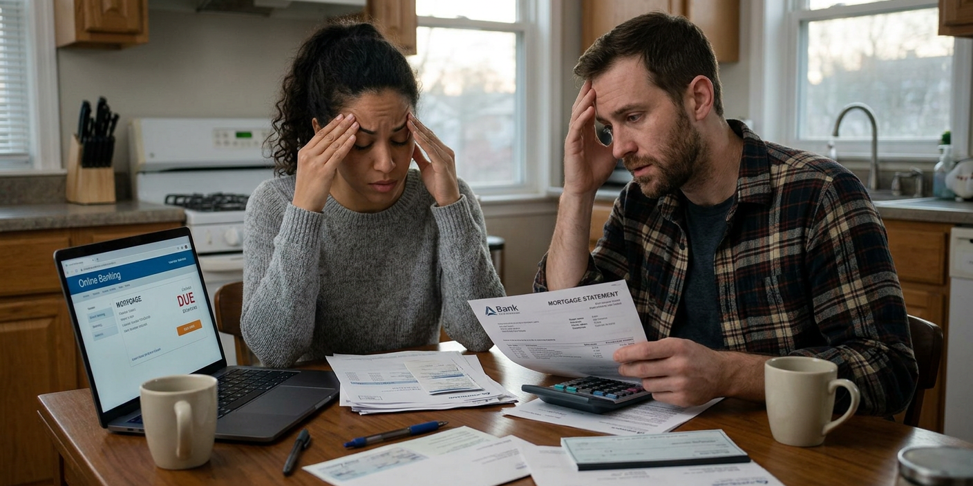 refi-couple-stressed-mortgage-statement-2026 Homeowner couple looking stressed at their kitchen table reviewing a mortgage statement with online banking on a laptop and a calculator, running the numbers on whether refinancing their mortgage makes sense in the higher-for-longer rate environment after the September 16 2026 Federal Reserve decision